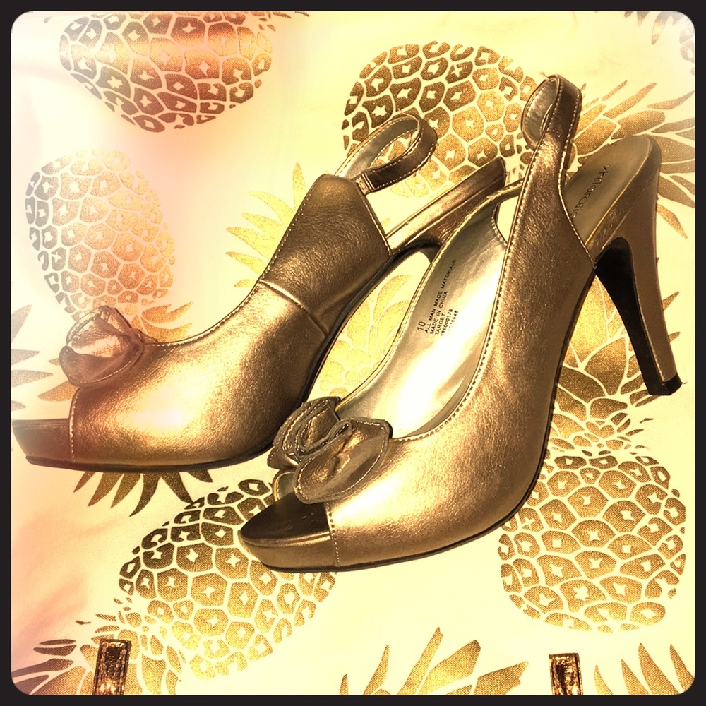 Gold open toe sling back heels